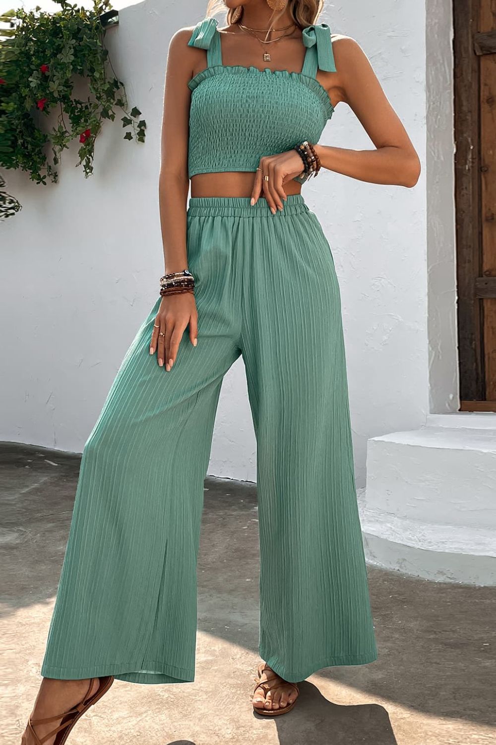 Tie Shoulder Smocked Crop Top and Wide Leg Pants Set