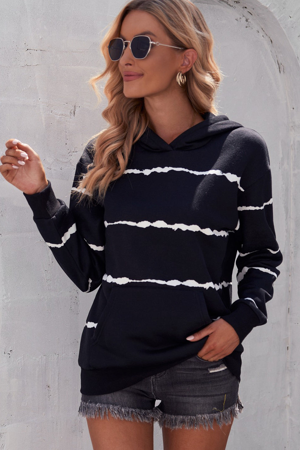 Striped Drop Shoulder Hoodie with Kangaroo Pocket